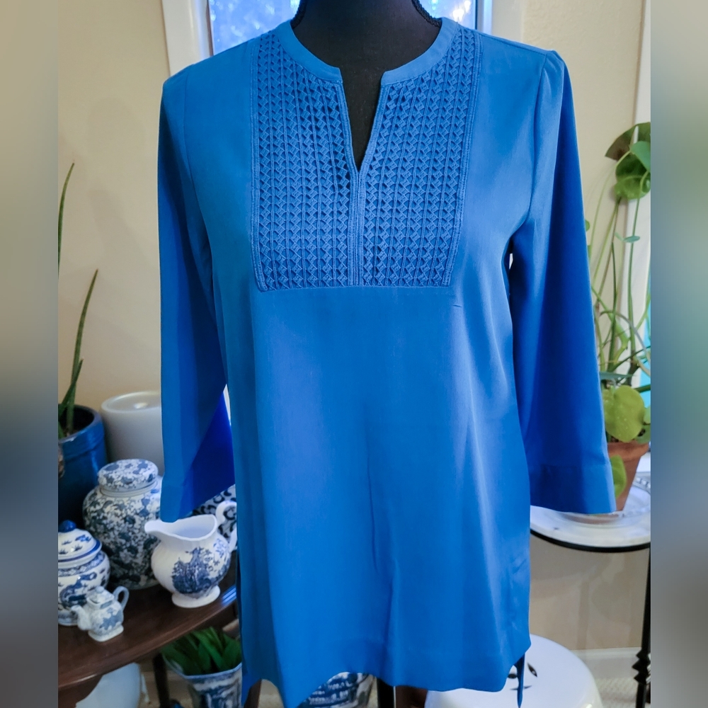 The Limited Blue Embroidered Detail Front V-Neck 3/4 Sleeve Tunic